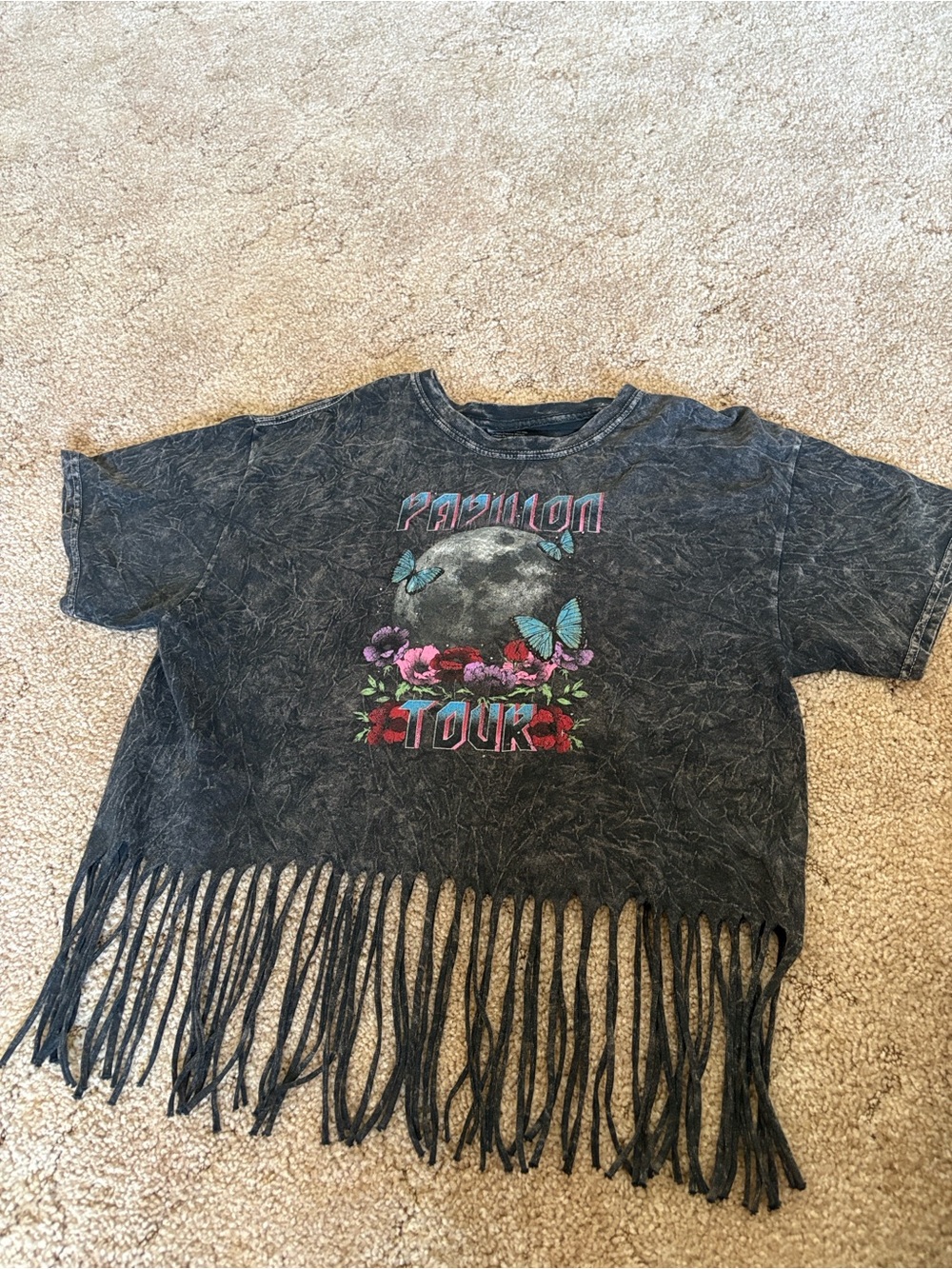 Fifth Sun Black Washed Fringe Tee with Moon & Butterfly Graphic